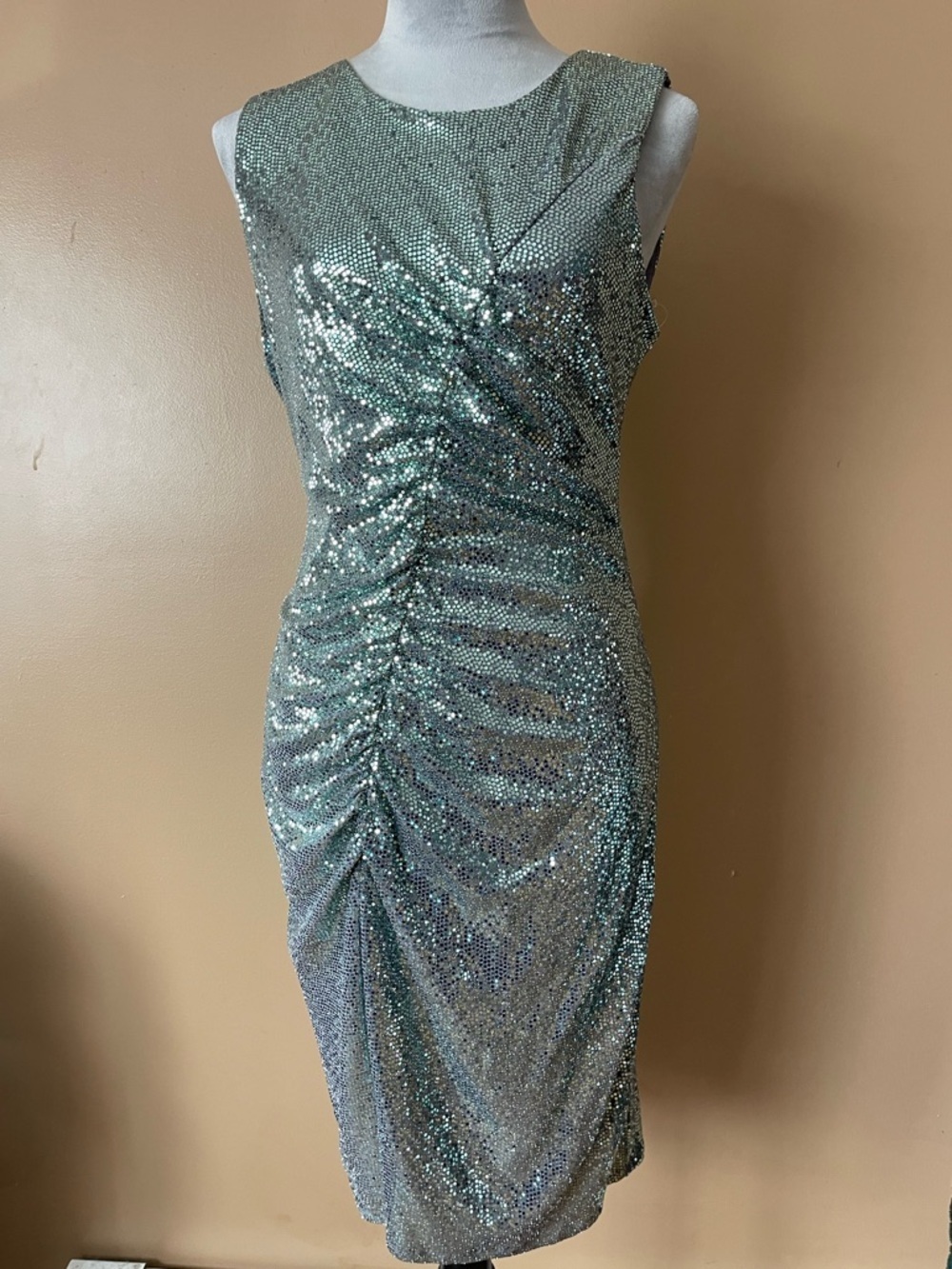 Venus Sleeveless iridescent Sequin Ruched Cocktail Dress medium